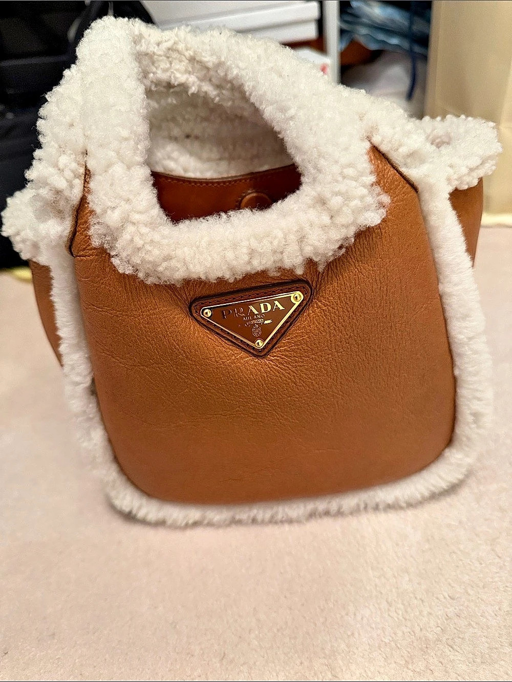 Prada Shearling Trim Shoulder Bag in Brown & White